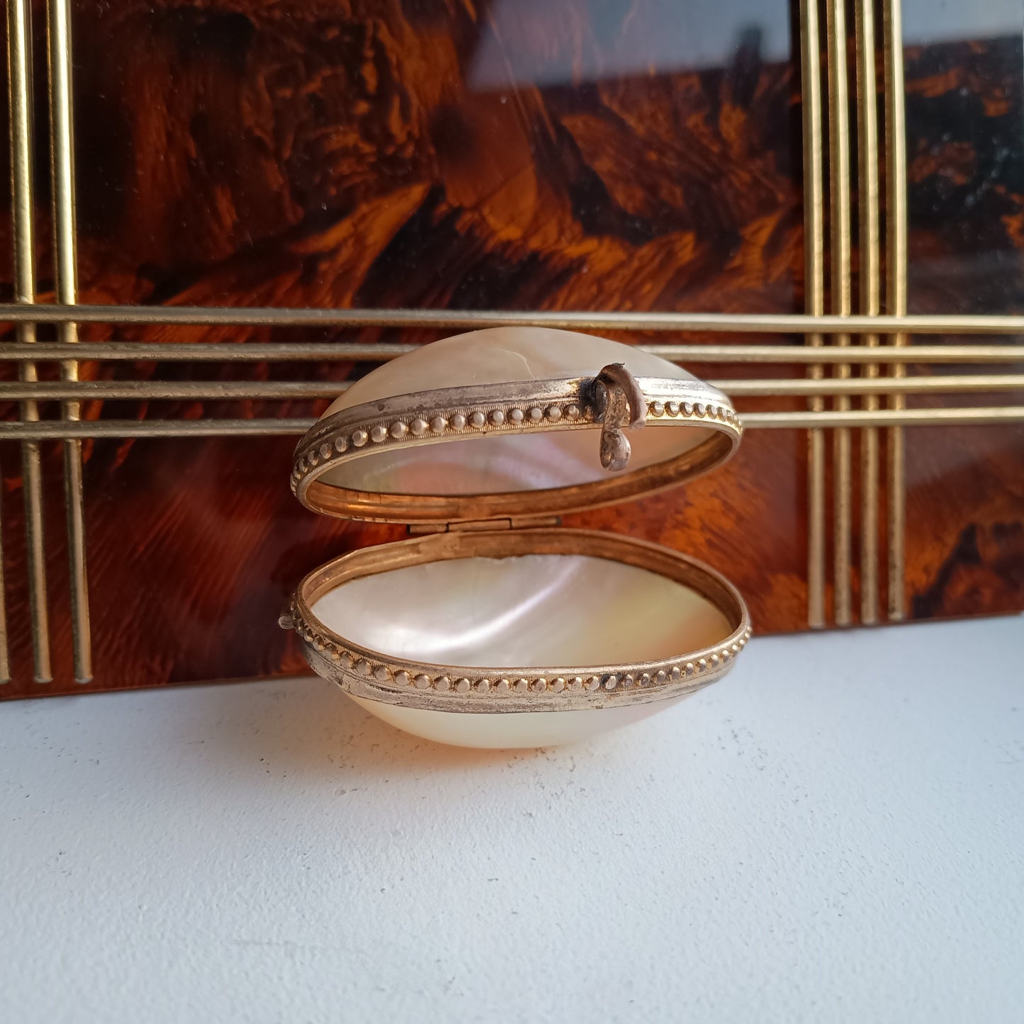 Antique 19th century French Palais Royal Mother of Pearl Oyster Shell Ormolu Egg Shape Box