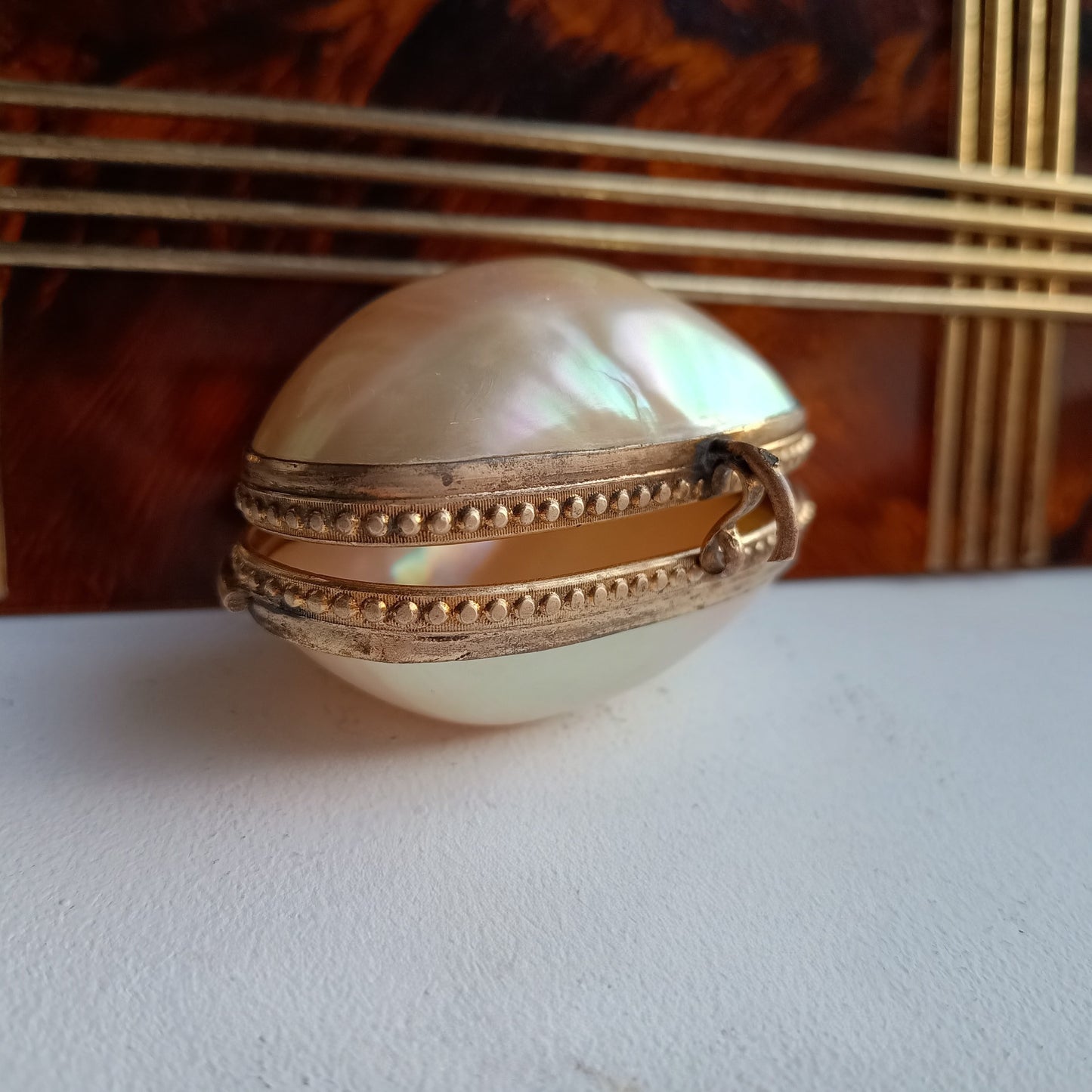 Antique 19th century French Palais Royal Mother of Pearl Oyster Shell Ormolu Egg Shape Box