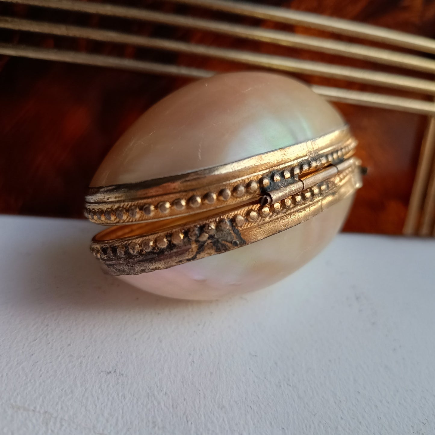 Antique 19th century French Palais Royal Mother of Pearl Oyster Shell Ormolu Egg Shape Box