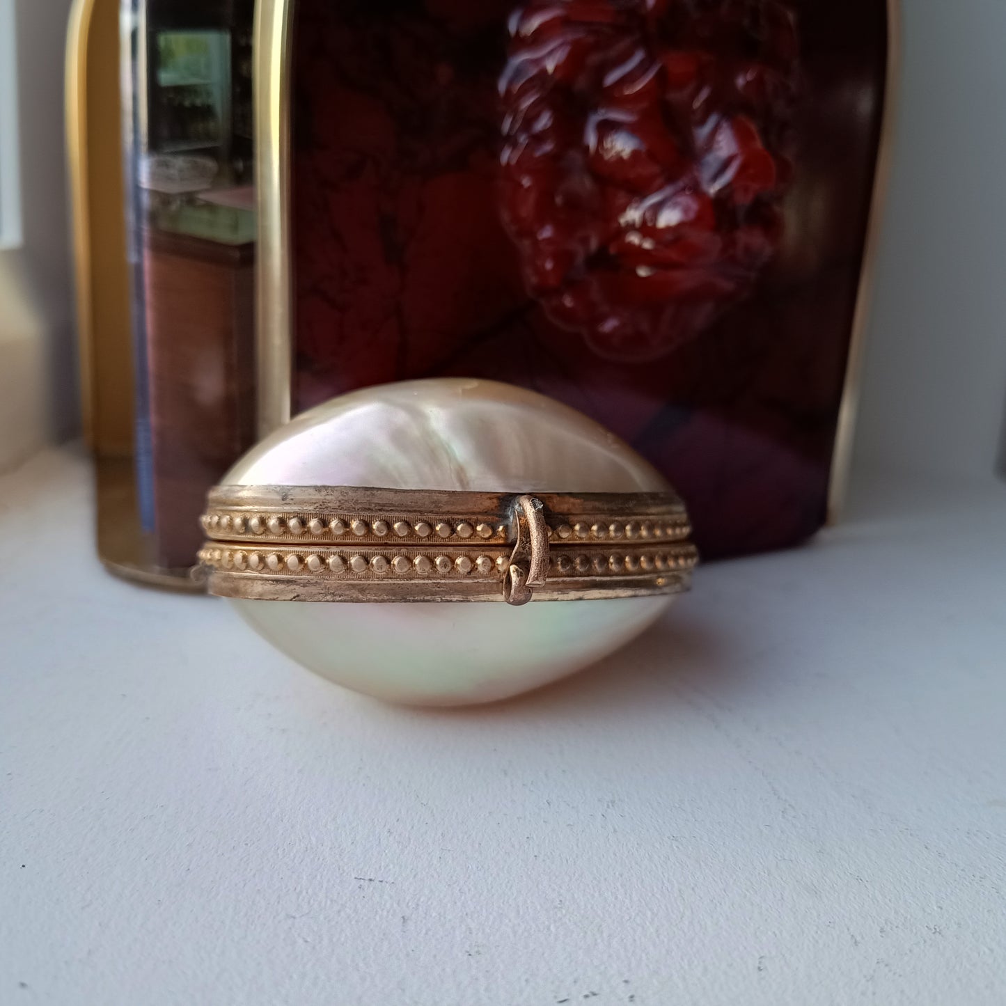 Antique 19th century French Palais Royal Mother of Pearl Oyster Shell Ormolu Egg Shape Box