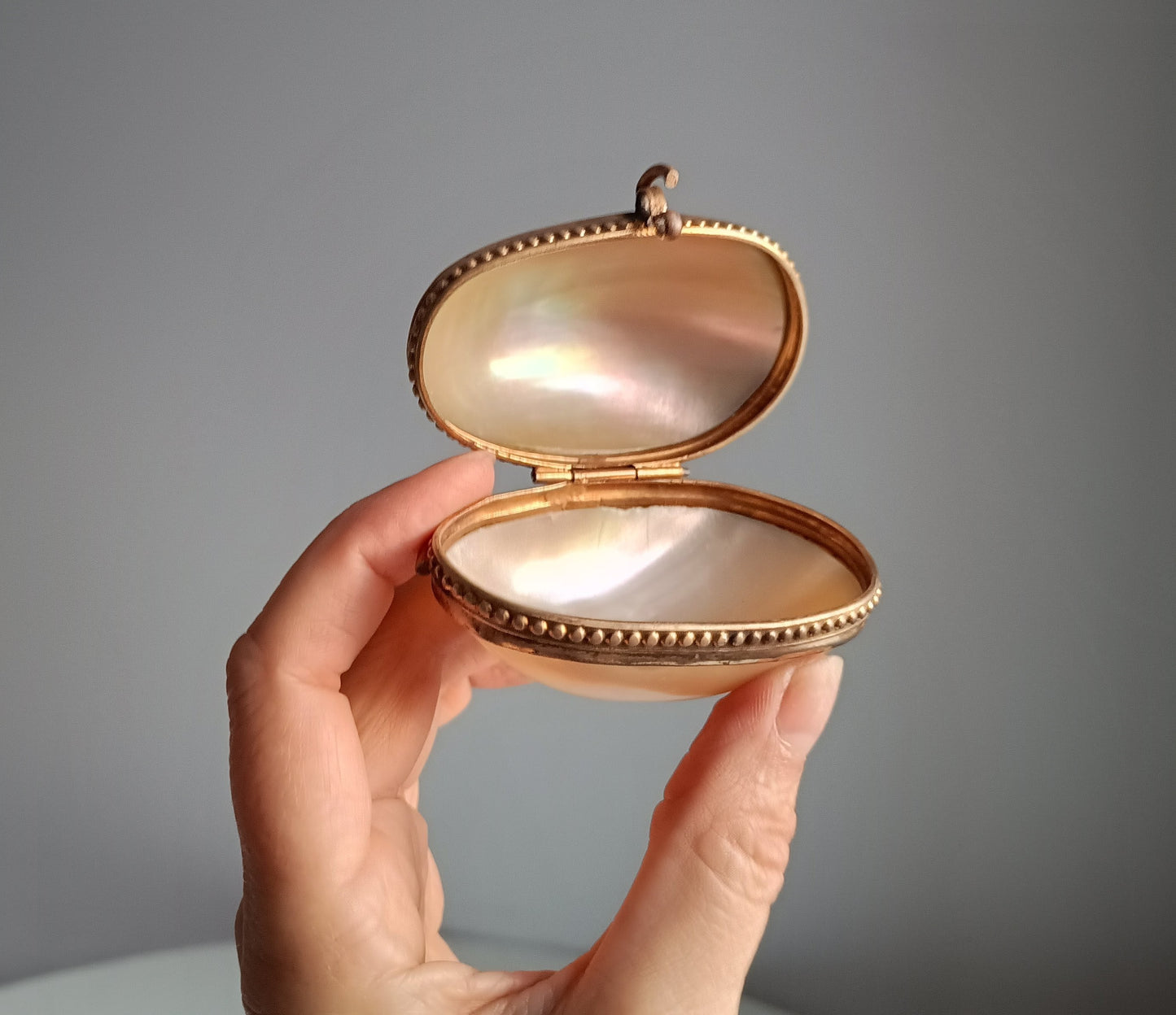 Antique 19th century French Palais Royal Mother of Pearl Oyster Shell Ormolu Egg Shape Box