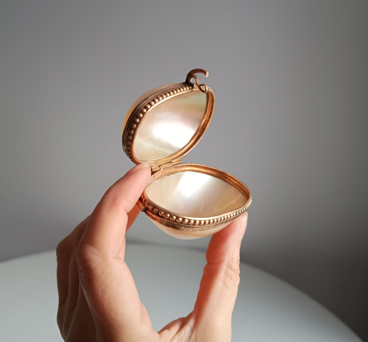 Antique 19th century French Palais Royal Mother of Pearl Oyster Shell Ormolu Egg Shape Box