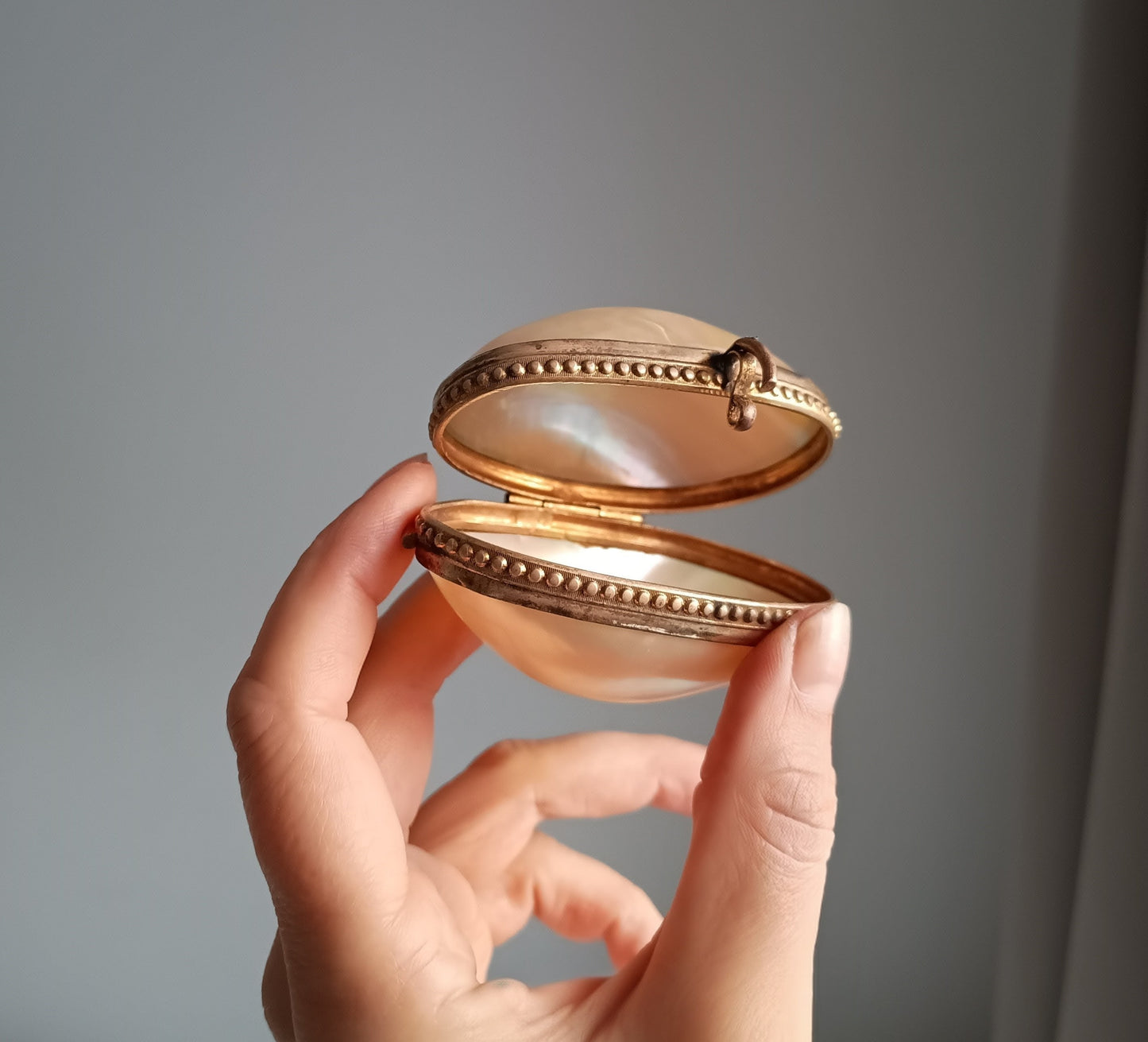 Antique 19th century French Palais Royal Mother of Pearl Oyster Shell Ormolu Egg Shape Box