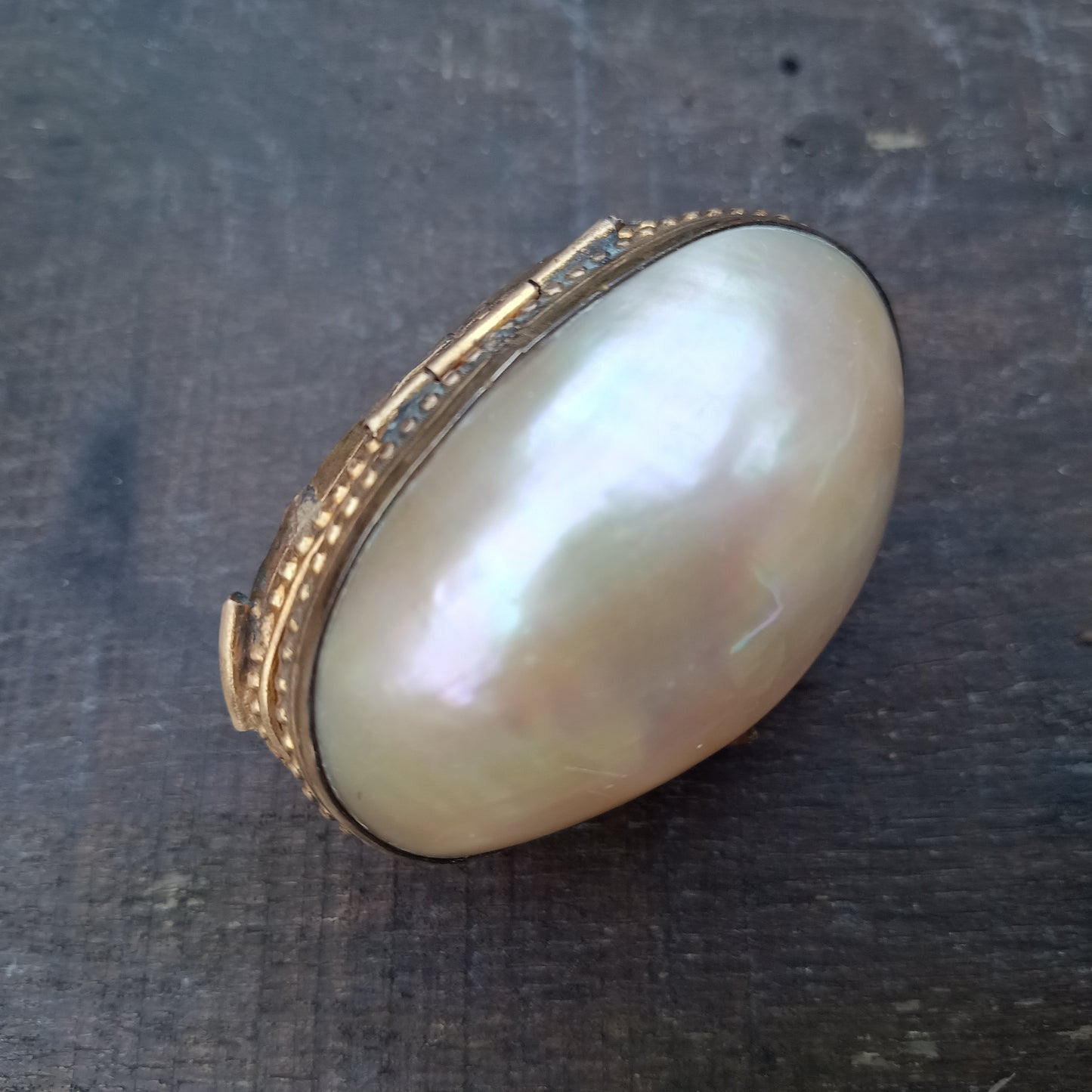 Antique 19th century French Palais Royal Mother of Pearl Oyster Shell Ormolu Egg Shape Box