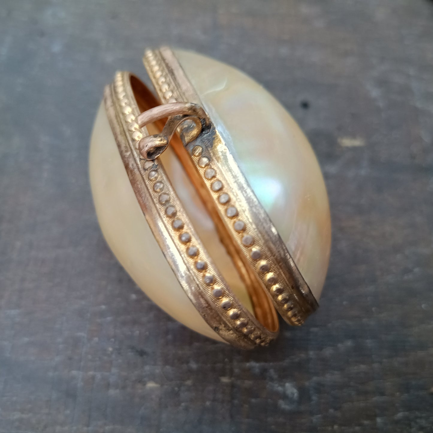 Antique 19th century French Palais Royal Mother of Pearl Oyster Shell Ormolu Egg Shape Box