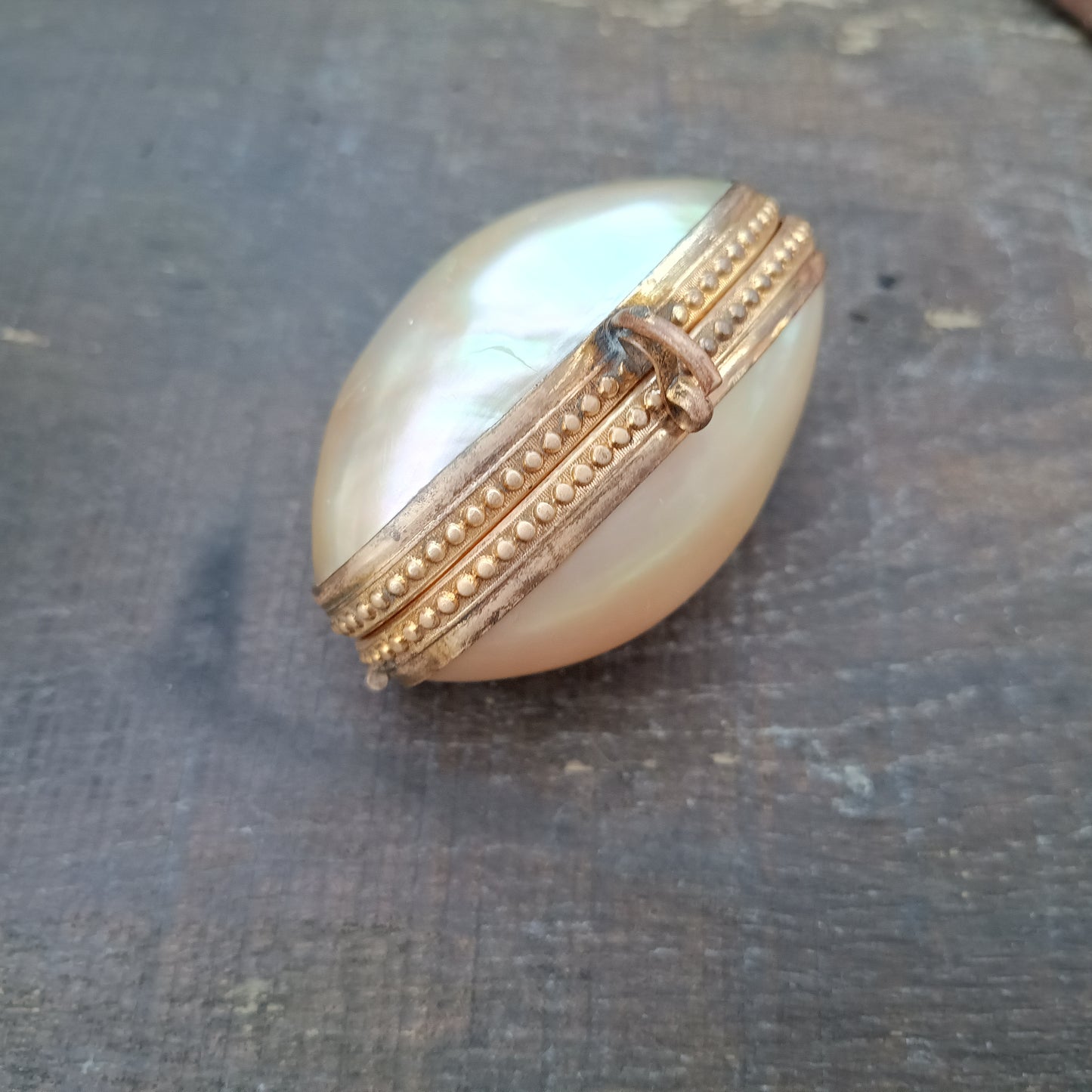 Antique 19th century French Palais Royal Mother of Pearl Oyster Shell Ormolu Egg Shape Box