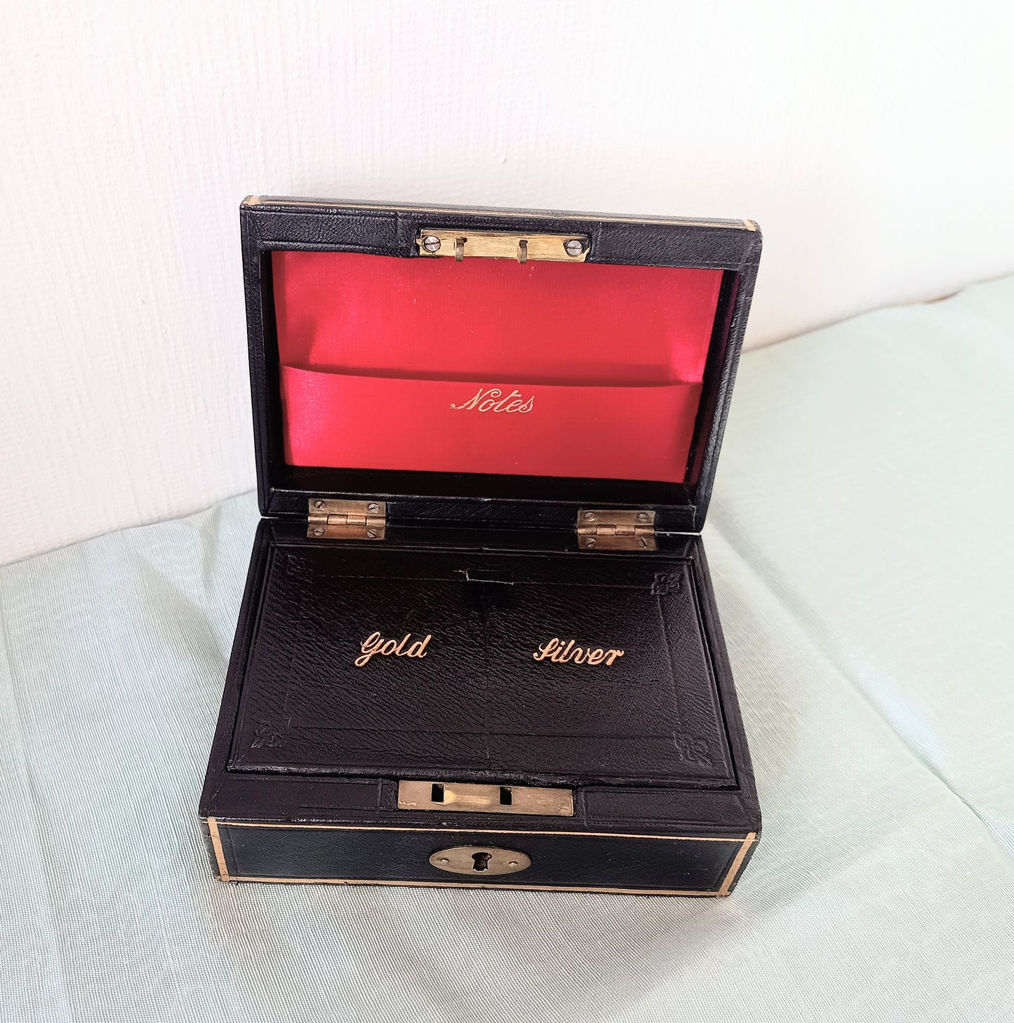 Black Victorian Gold and Silver Bullion / Coins Cash or Jewellery Box: Embossed Gold Letters