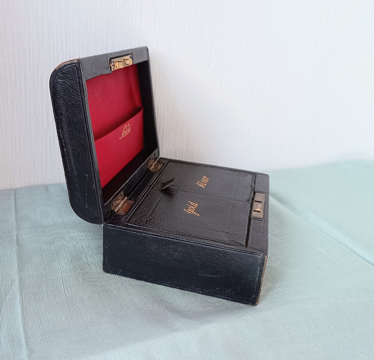 Black Victorian Gold and Silver Bullion / Coins Cash or Jewellery Box: Embossed Gold Letters