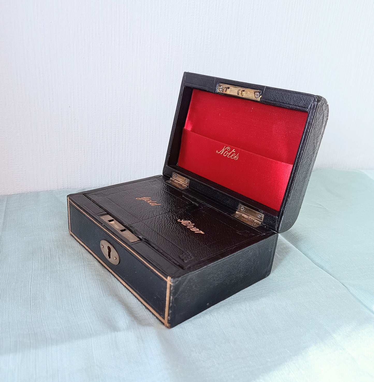 Black Victorian Gold and Silver Bullion / Coins Cash or Jewellery Box: Embossed Gold Letters