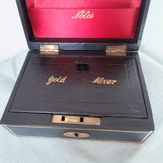 Black Victorian Gold and Silver Bullion / Coins Cash or Jewellery Box: Embossed Gold Letters