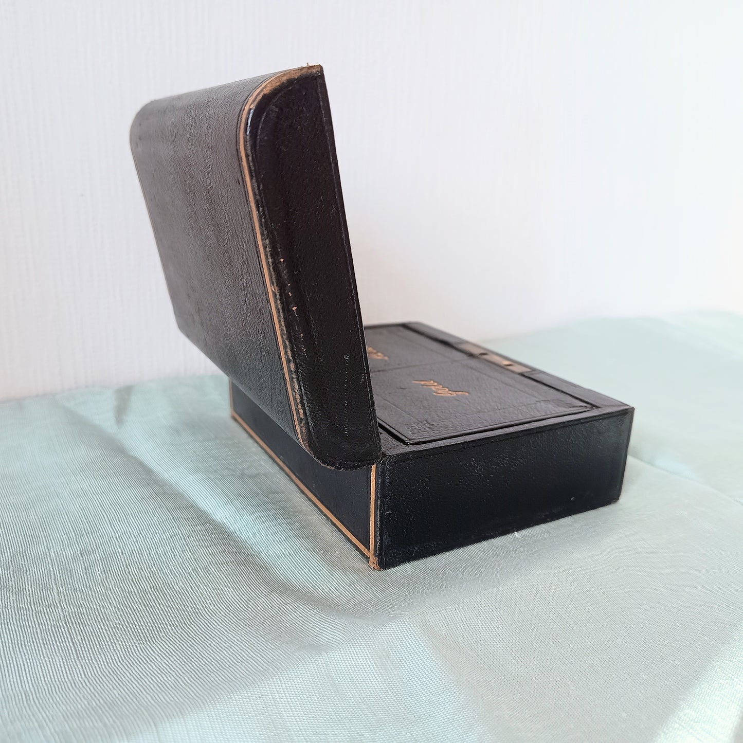 Black Victorian Gold and Silver Bullion / Coins Cash or Jewellery Box: Embossed Gold Letters