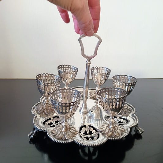 Victorian Gothic Silver Plate Breakfast Cruet / Egg Server: Floral Egg Cups, English, 1860s