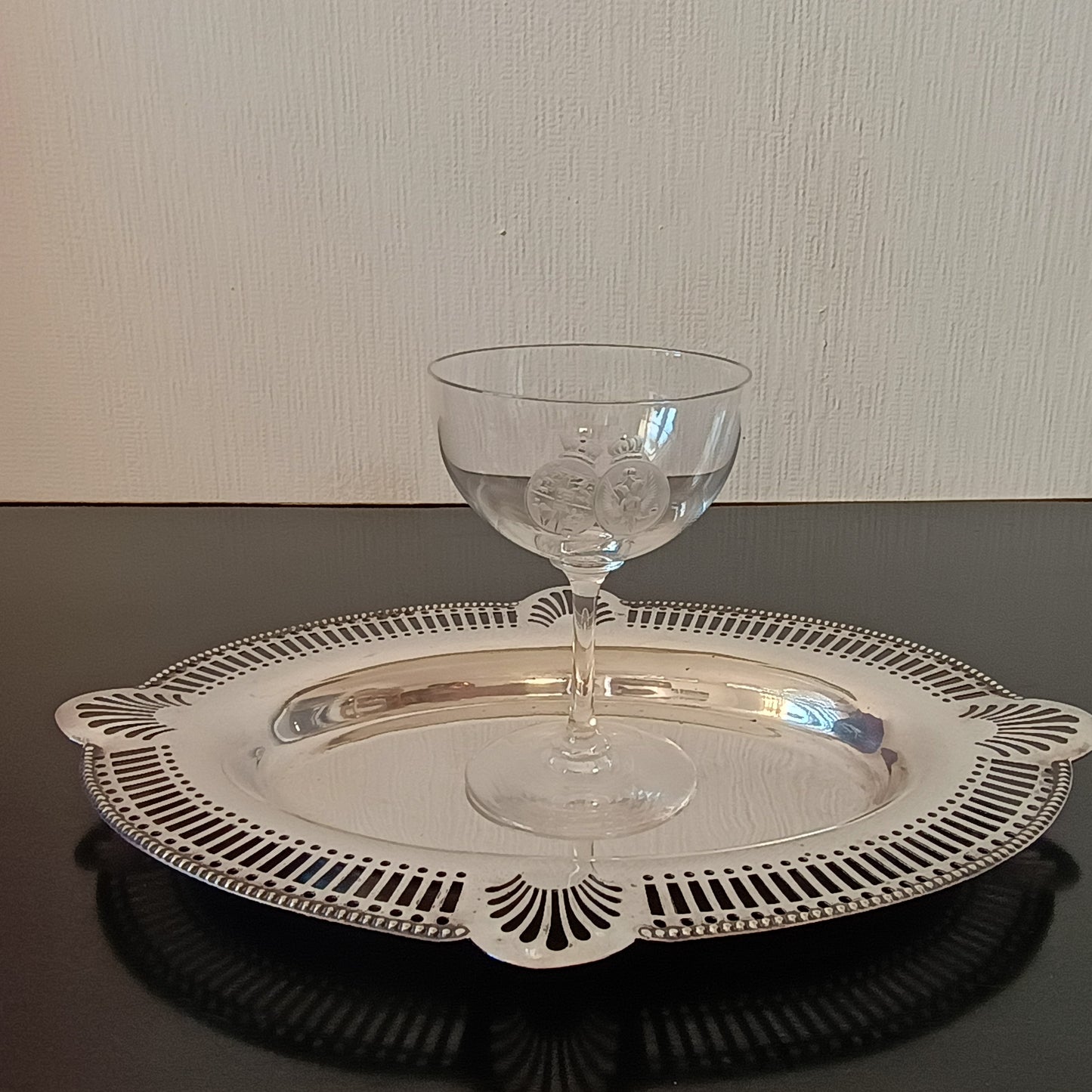Art Nouveau Silver Plate Serving Dish or Tray: Stylised Shell Decor & Victorian Glass Bowl