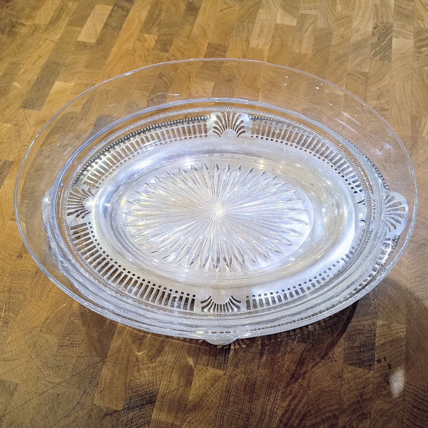 Art Nouveau Silver Plate Serving Dish or Tray: Stylised Shell Decor & Victorian Glass Bowl