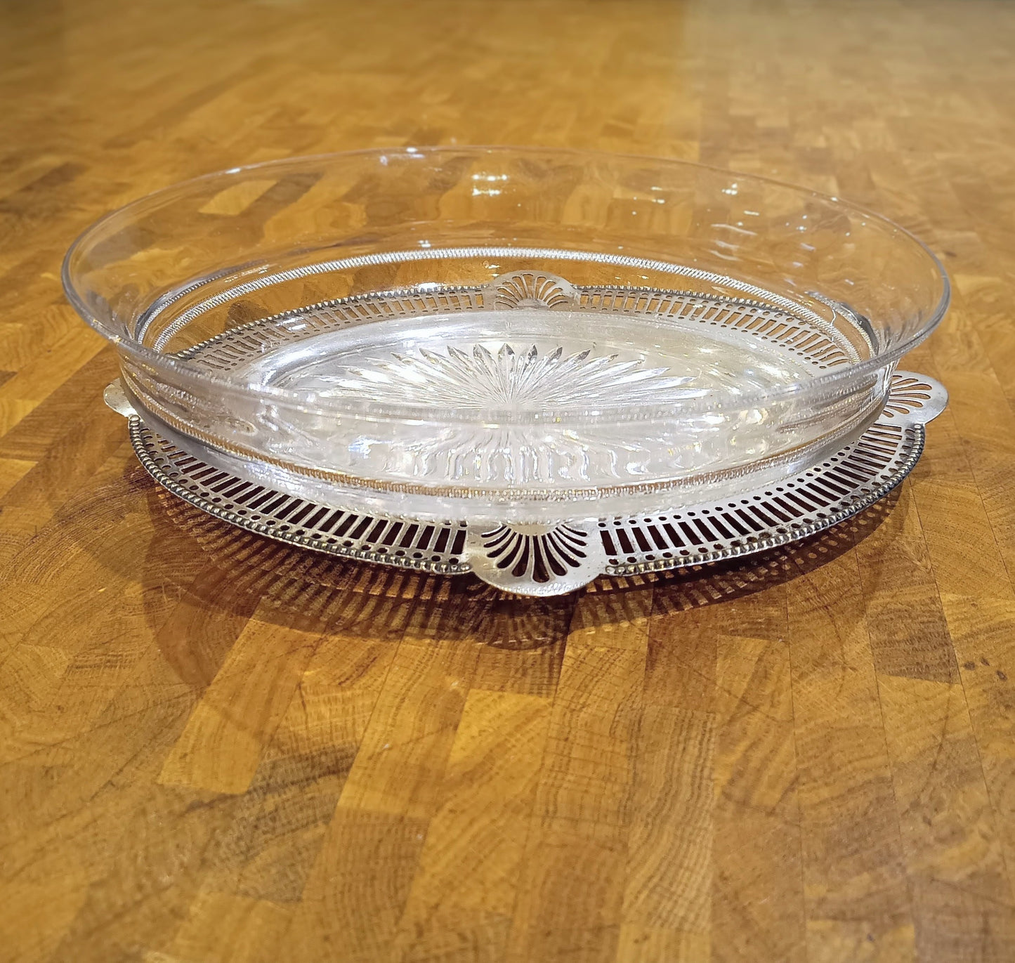 Art Nouveau Silver Plate Serving Dish or Tray: Stylised Shell Decor & Victorian Glass Bowl