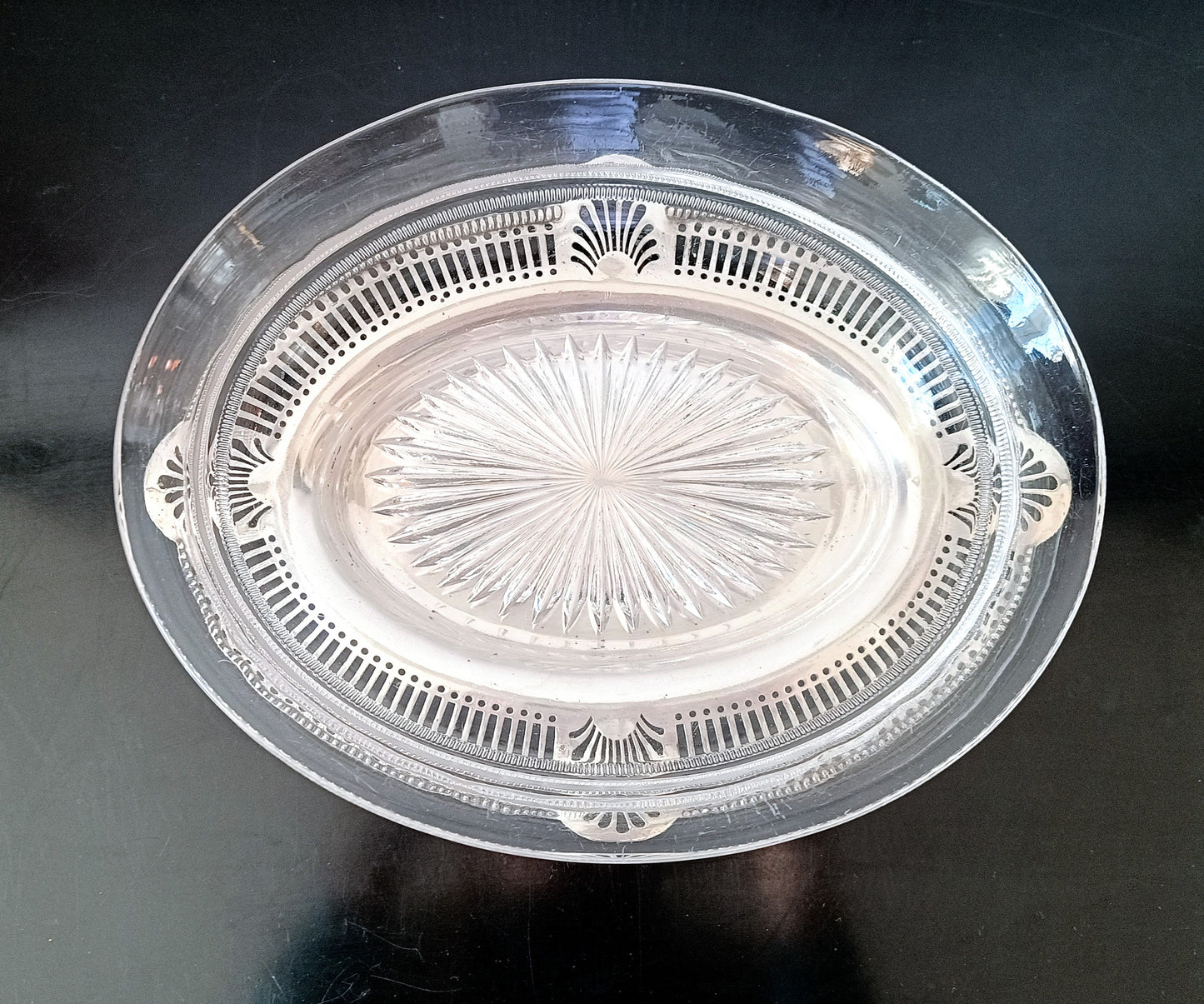 Art Nouveau Silver Plate Serving Dish or Tray: Stylised Shell Decor & Victorian Glass Bowl