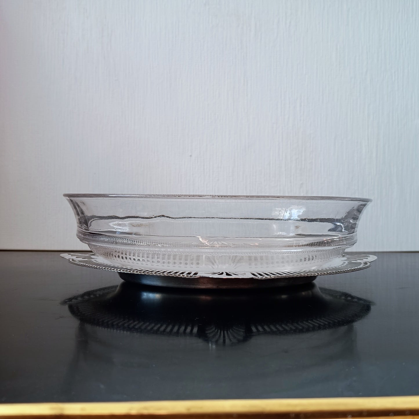 Art Nouveau Silver Plate Serving Dish or Tray: Stylised Shell Decor & Victorian Glass Bowl