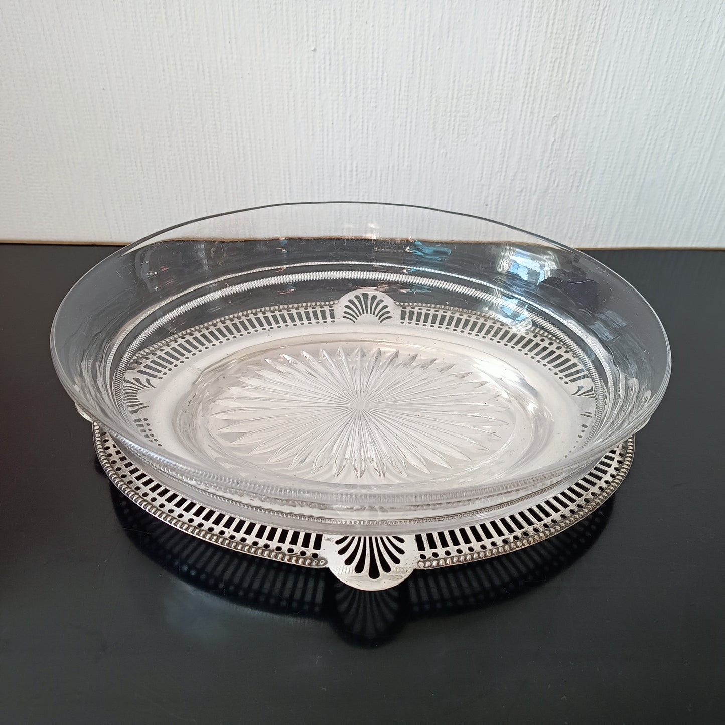 Art Nouveau Silver Plate Serving Dish or Tray: Stylised Shell Decor & Victorian Glass Bowl