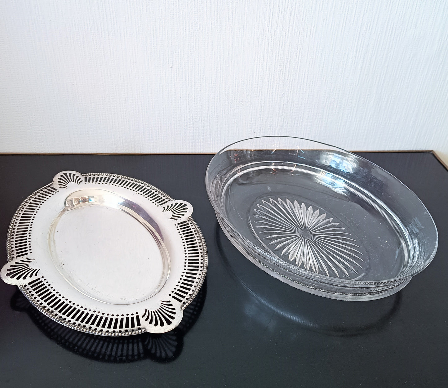 Art Nouveau Silver Plate Serving Dish or Tray: Stylised Shell Decor & Victorian Glass Bowl