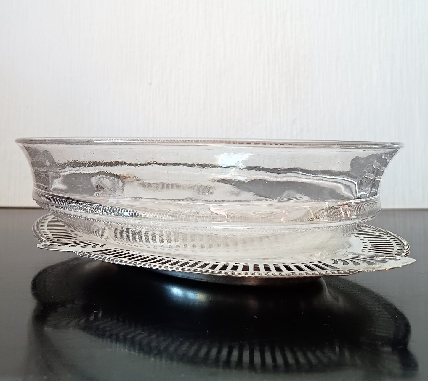 Art Nouveau Silver Plate Serving Dish or Tray: Stylised Shell Decor & Victorian Glass Bowl