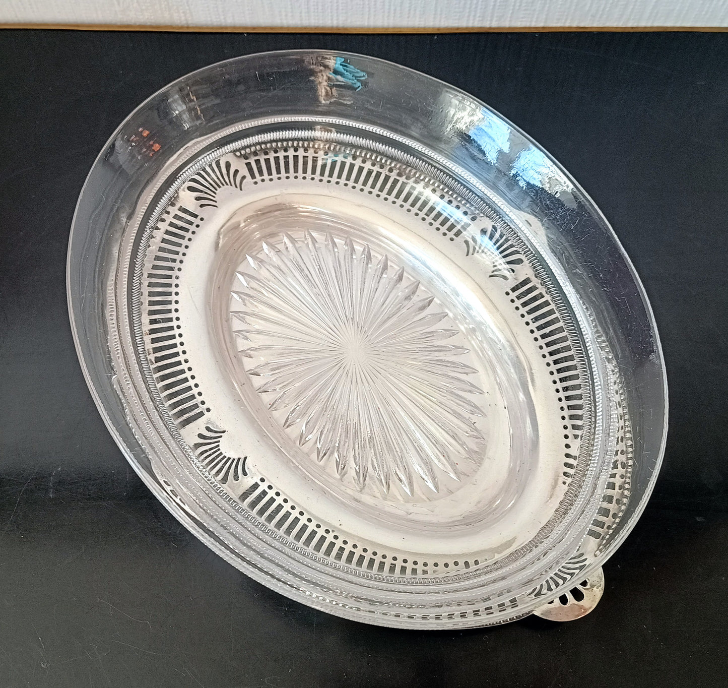 Art Nouveau Silver Plate Serving Dish or Tray: Stylised Shell Decor & Victorian Glass Bowl