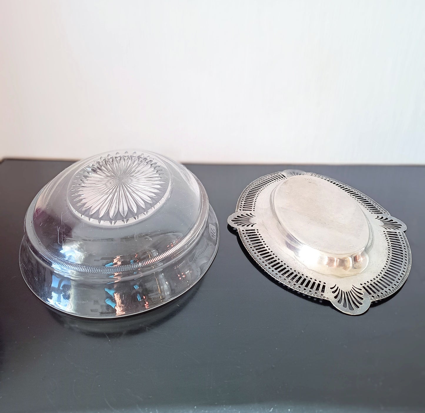Art Nouveau Silver Plate Serving Dish or Tray: Stylised Shell Decor & Victorian Glass Bowl