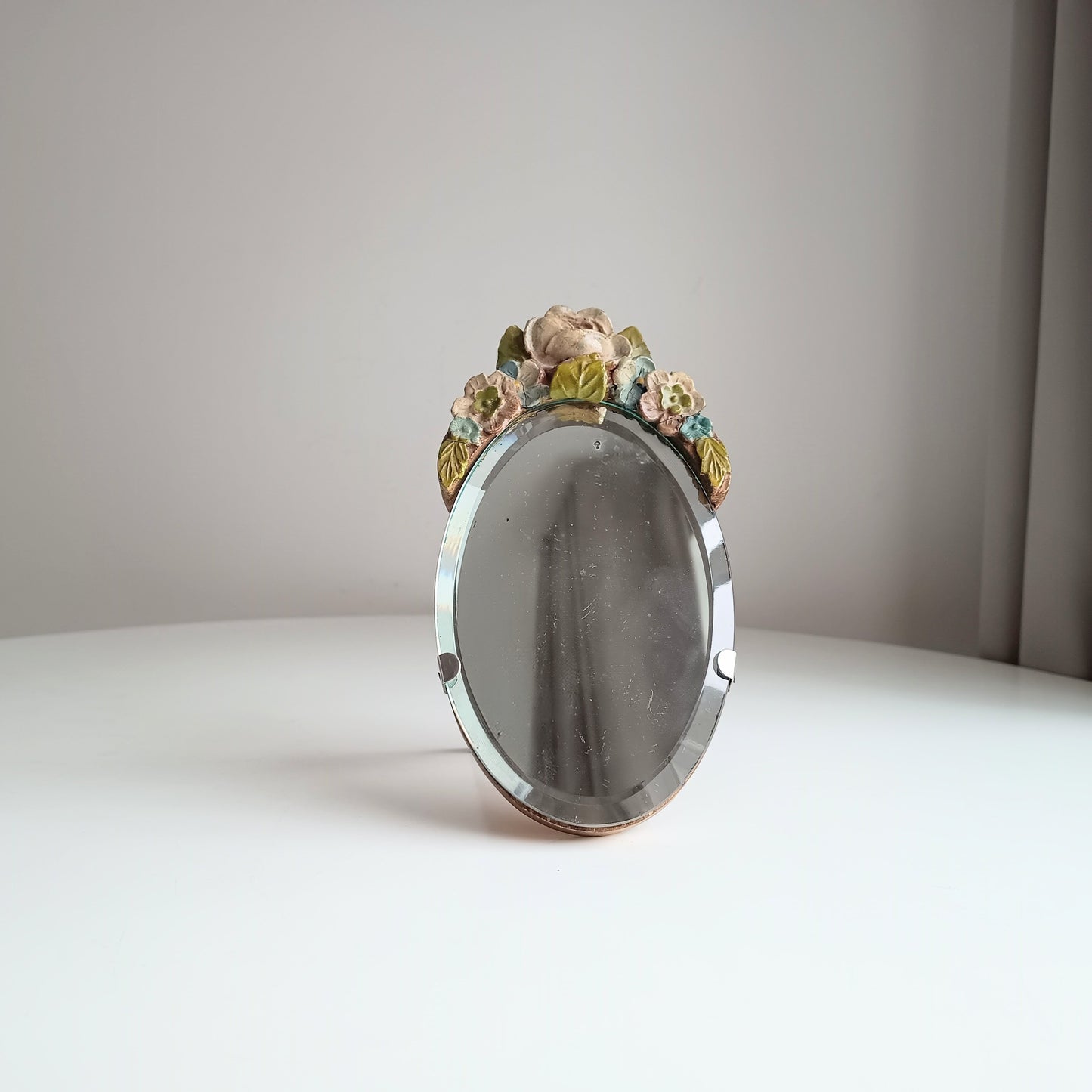 Authentic Vintage English Barbola mirror with Faded Roses Flowers