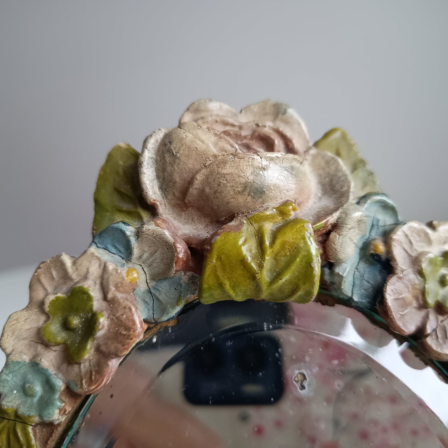 Authentic Vintage English Barbola mirror with Faded Roses Flowers