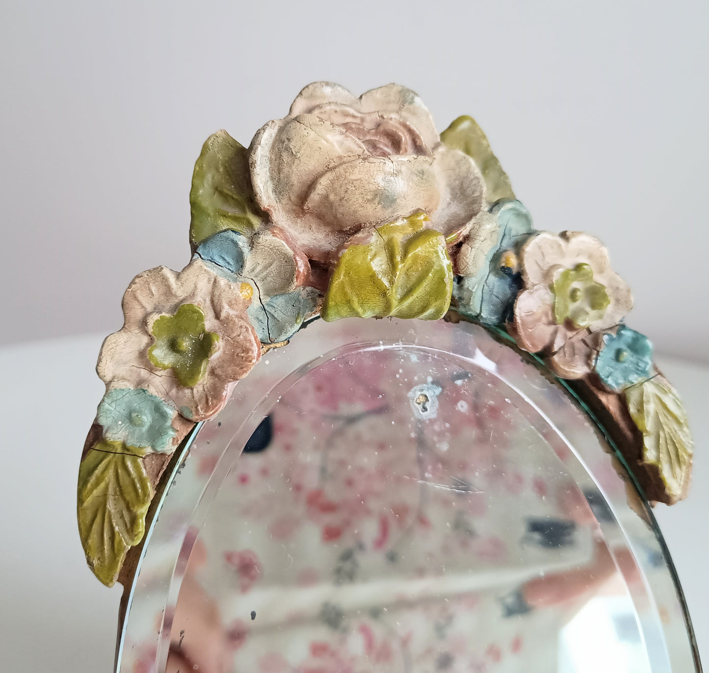 Authentic Vintage English Barbola mirror with Faded Roses Flowers
