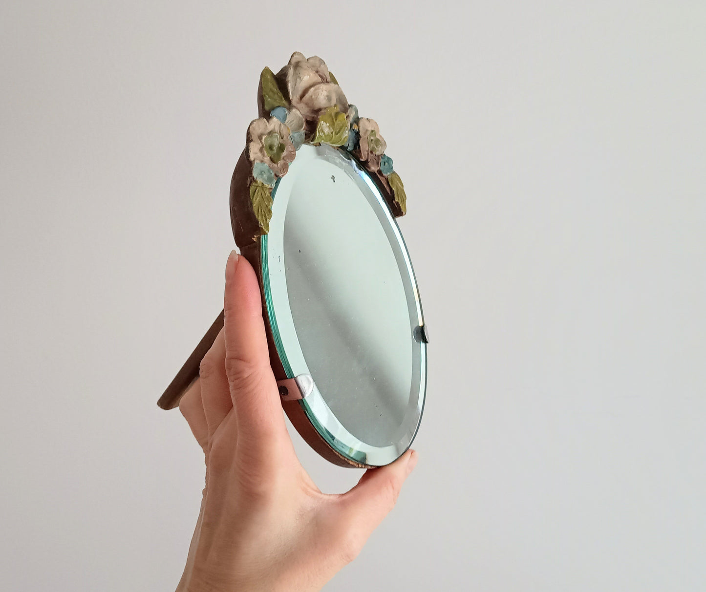 Authentic Vintage English Barbola mirror with Faded Roses Flowers