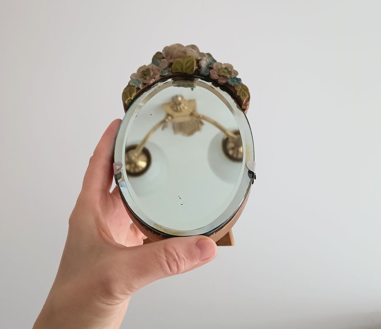 Authentic Vintage English Barbola mirror with Faded Roses Flowers