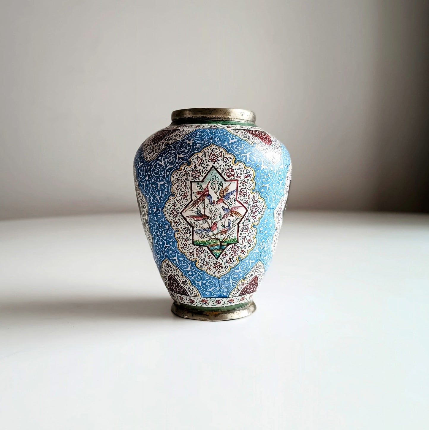 Antique Persian Enamel on Copper Vase: Birds Ornament, Isfahan Qajar Period c 1900s