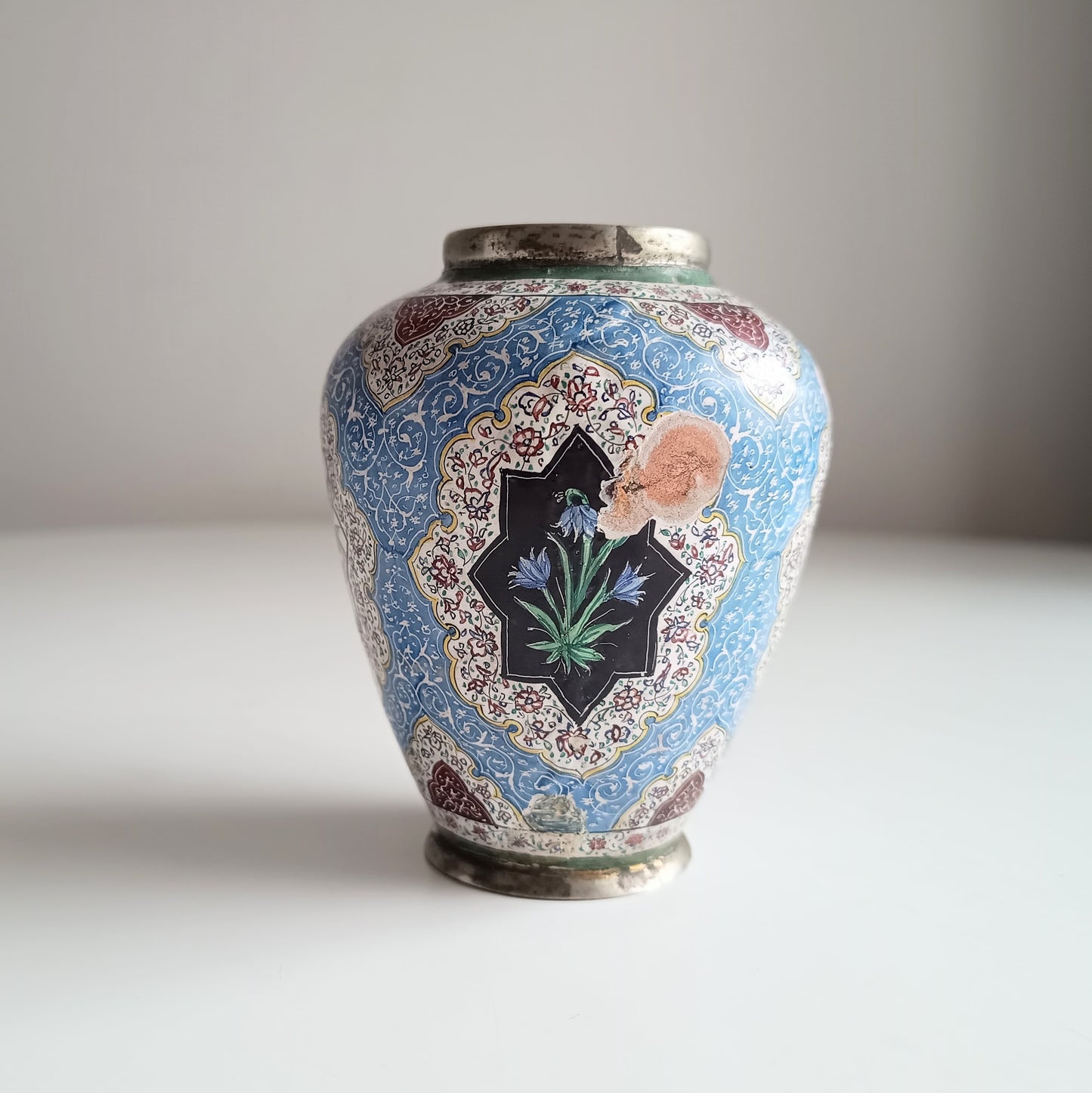 Antique Persian Enamel on Copper Vase: Birds Ornament, Isfahan Qajar Period c 1900s