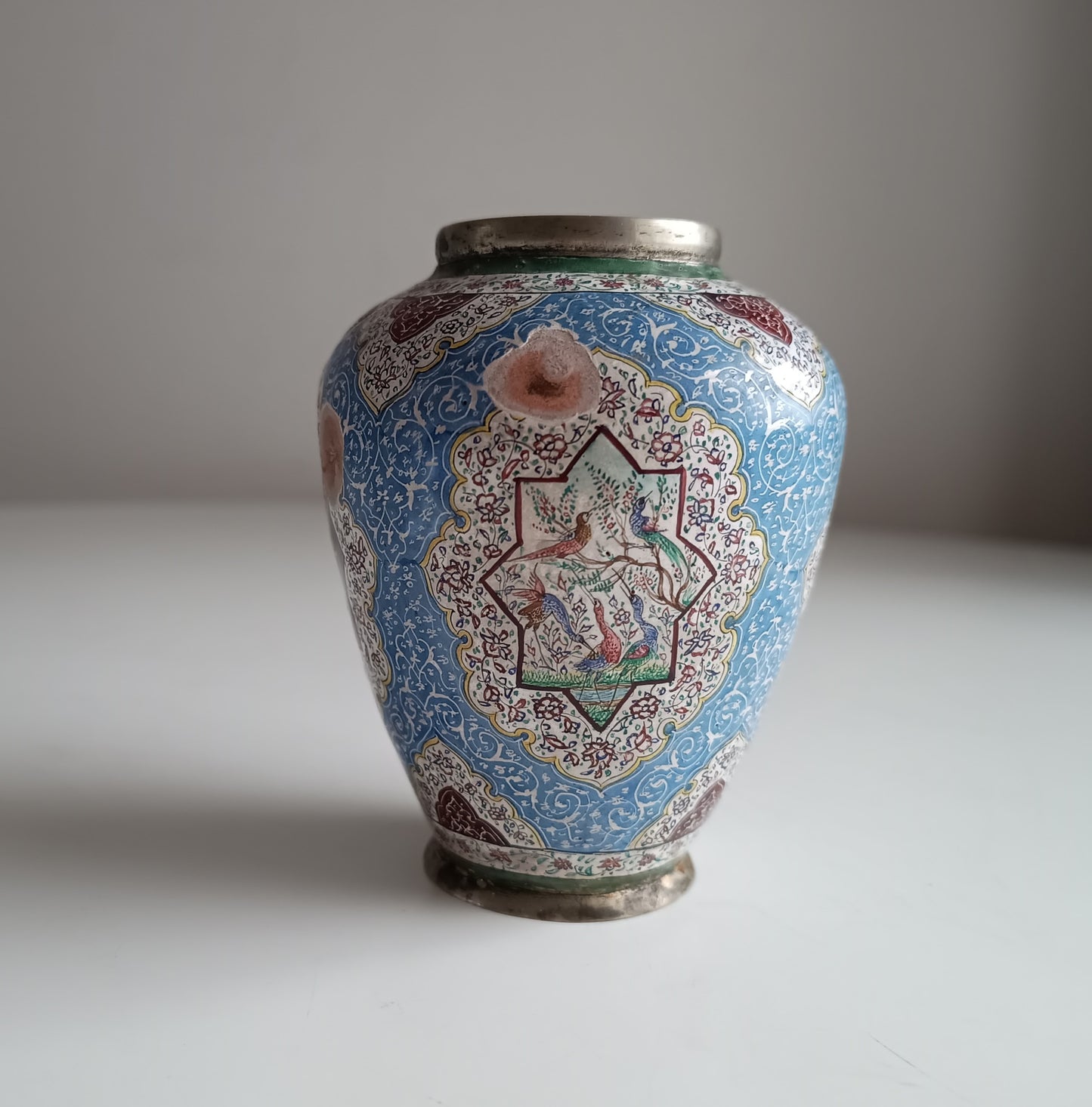 Antique Persian Enamel on Copper Vase: Birds Ornament, Isfahan Qajar Period c 1900s