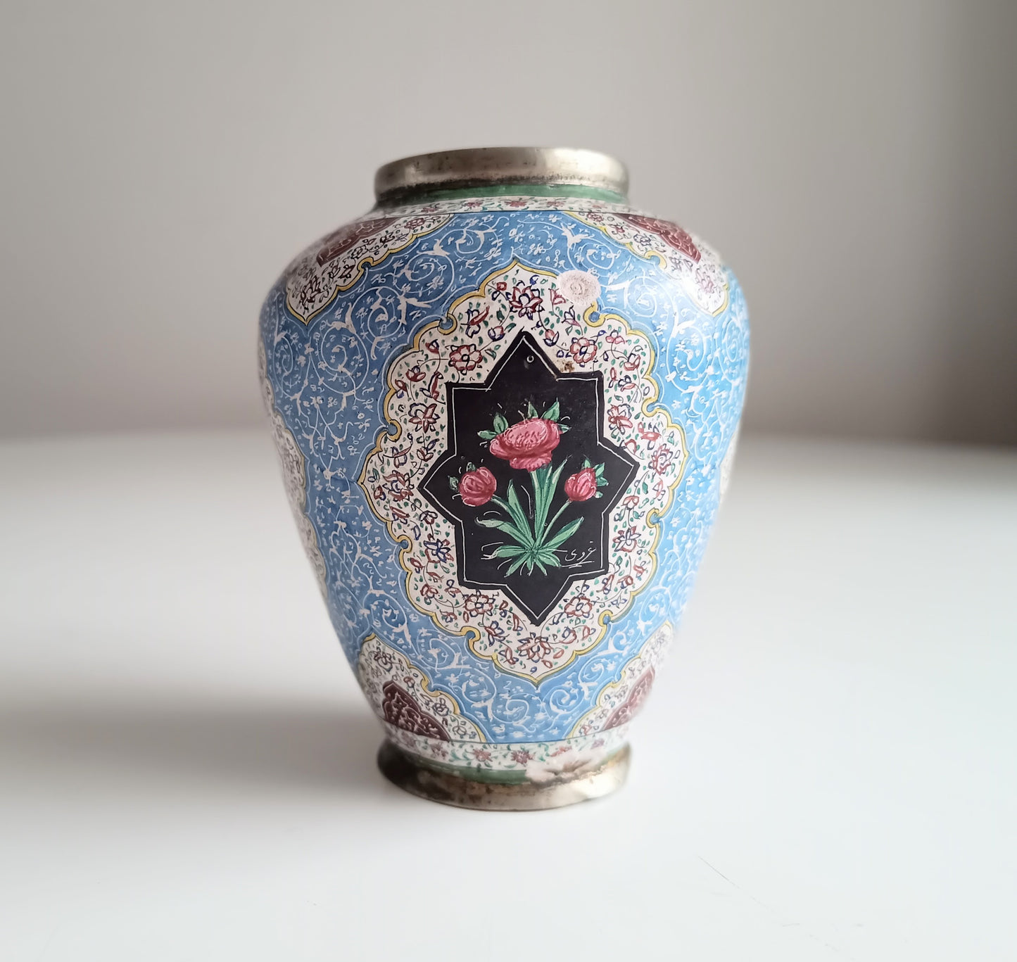 Antique Persian Enamel on Copper Vase: Birds Ornament, Isfahan Qajar Period c 1900s