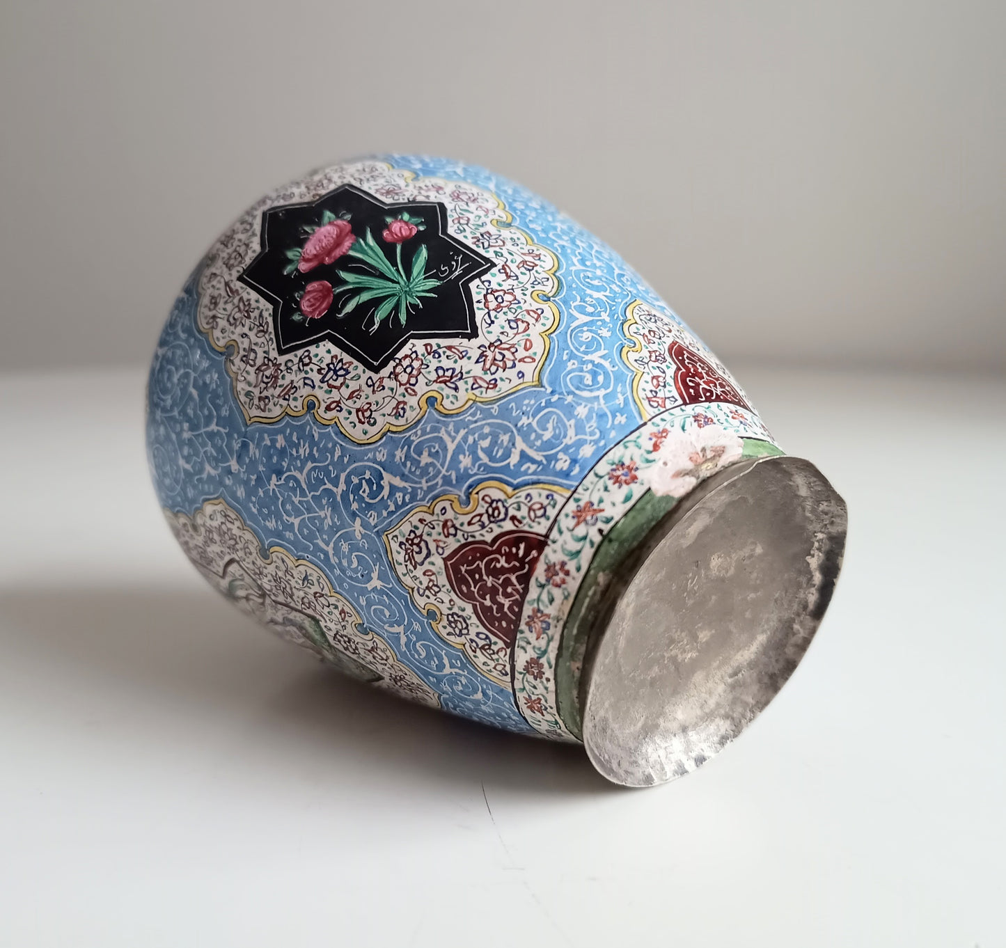 Antique Persian Enamel on Copper Vase: Birds Ornament, Isfahan Qajar Period c 1900s