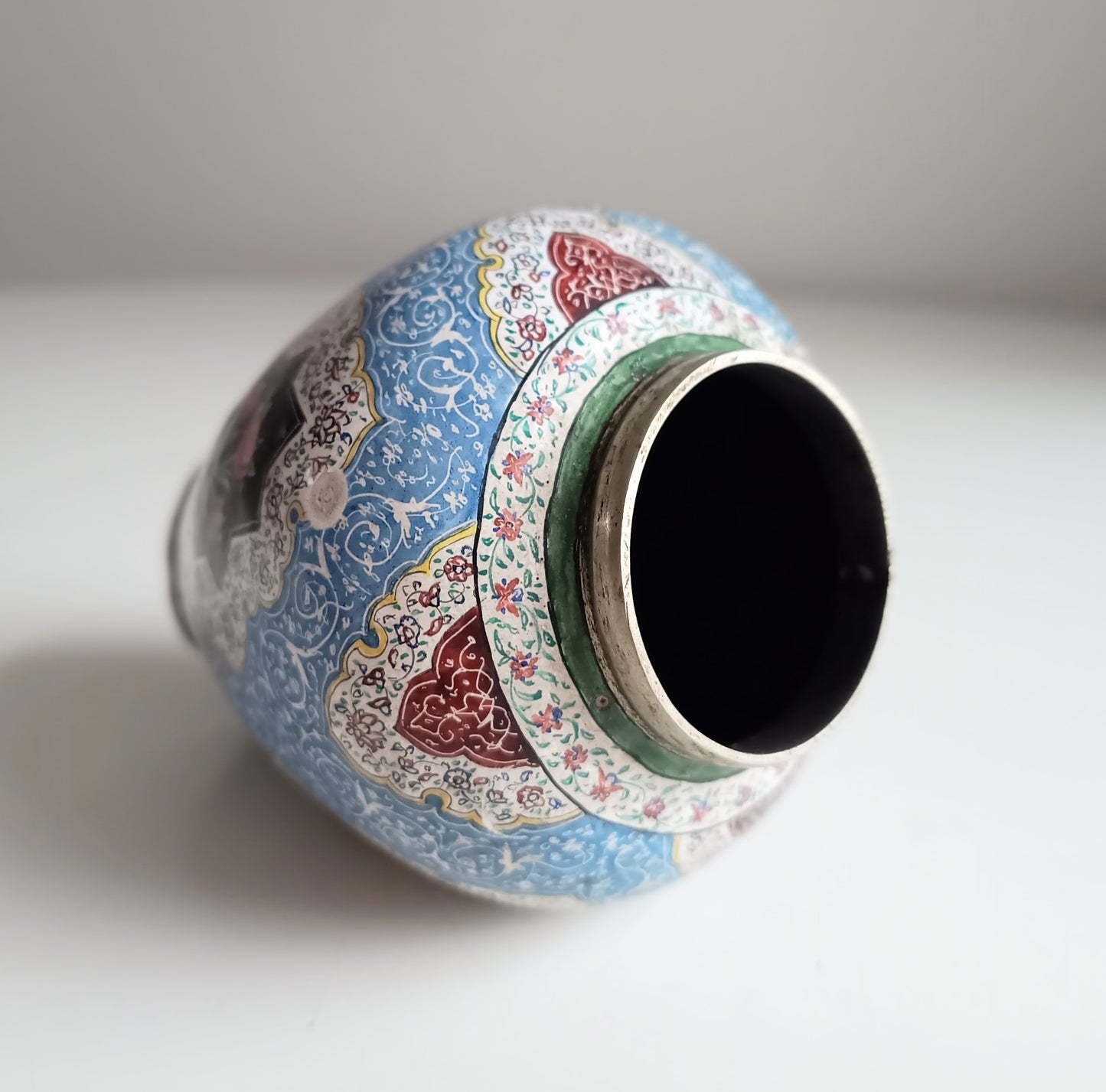 Antique Persian Enamel on Copper Vase: Birds Ornament, Isfahan Qajar Period c 1900s