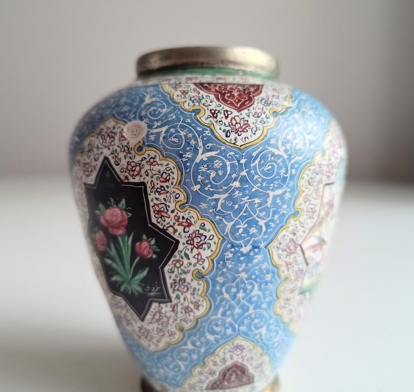 Antique Persian Enamel on Copper Vase: Birds Ornament, Isfahan Qajar Period c 1900s