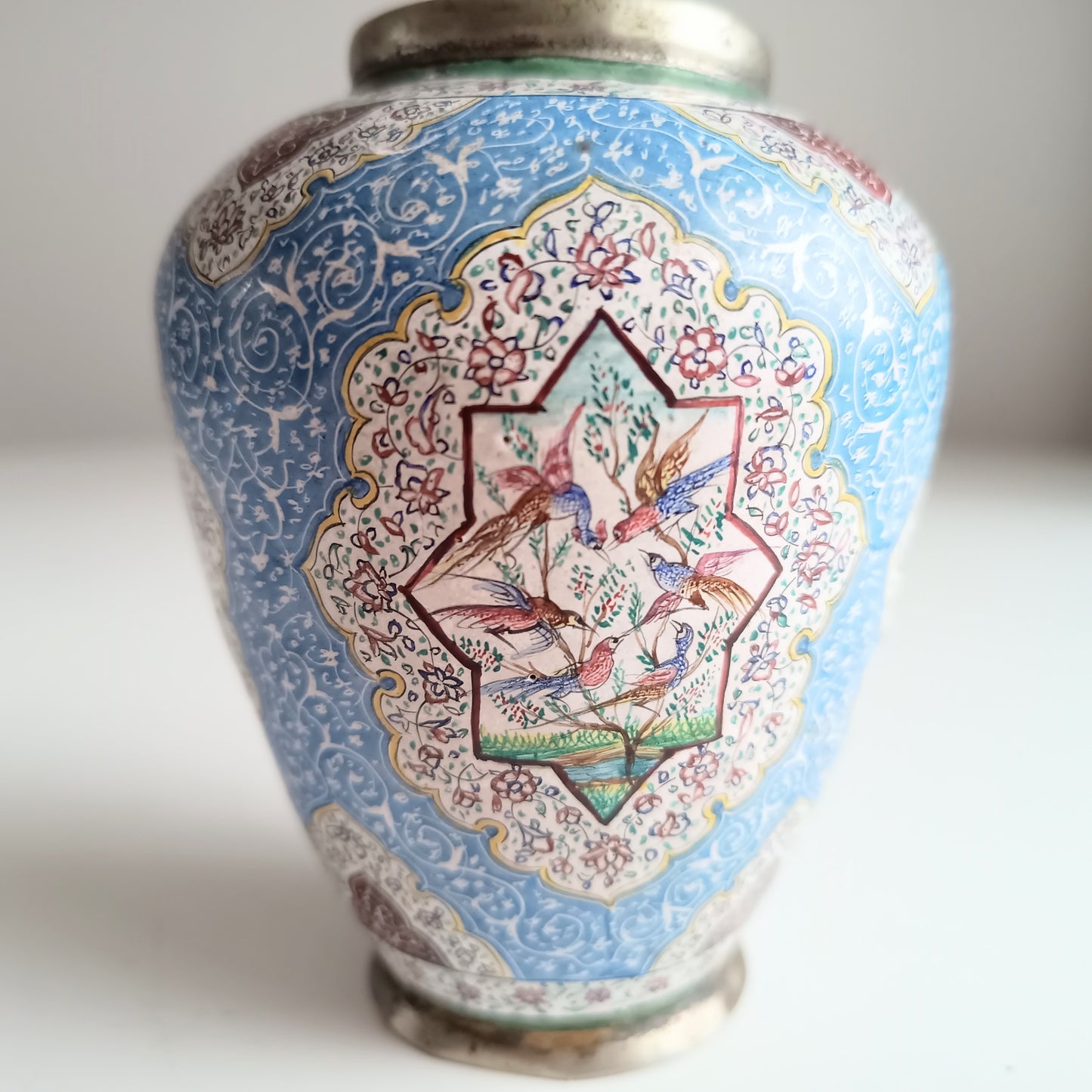 Antique Persian Enamel on Copper Vase: Birds Ornament, Isfahan Qajar Period c 1900s