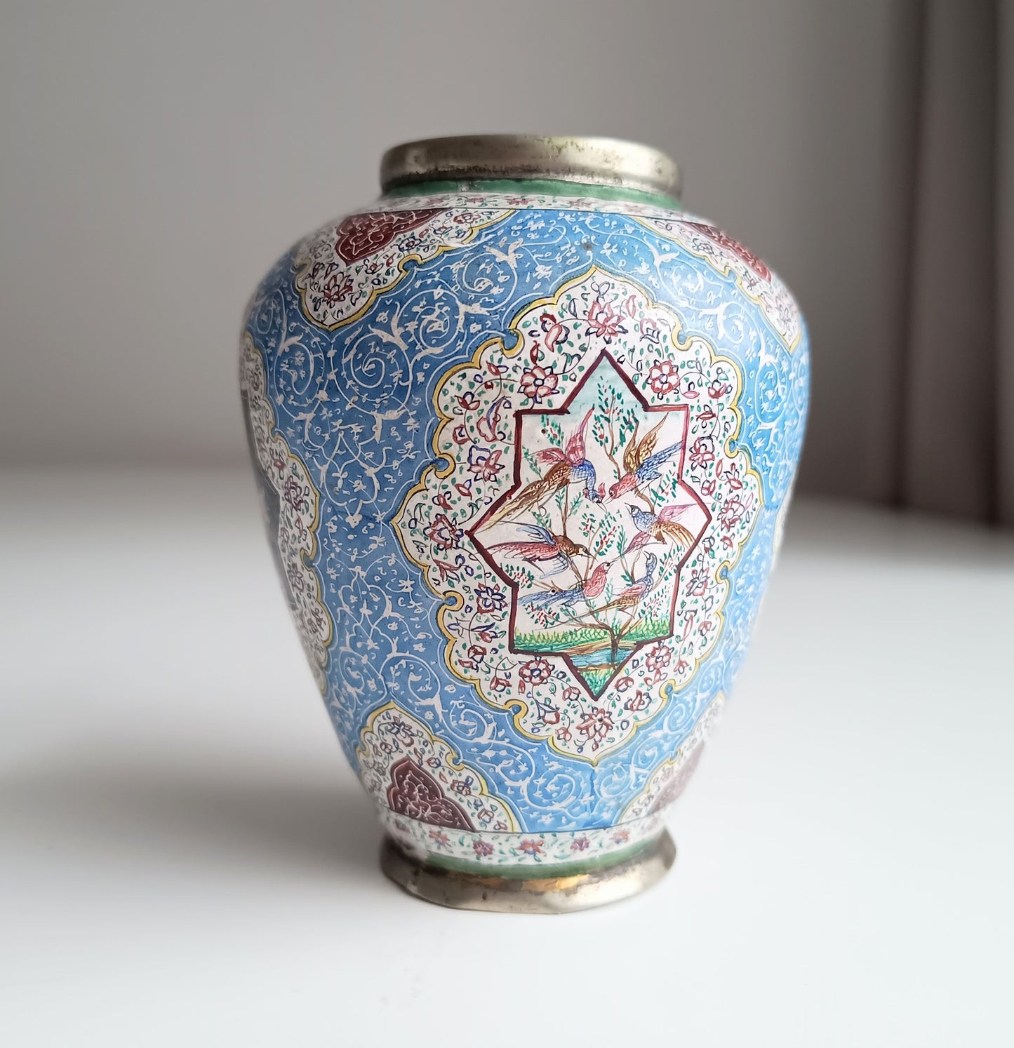 Antique Persian Enamel on Copper Vase: Birds Ornament, Isfahan Qajar Period c 1900s