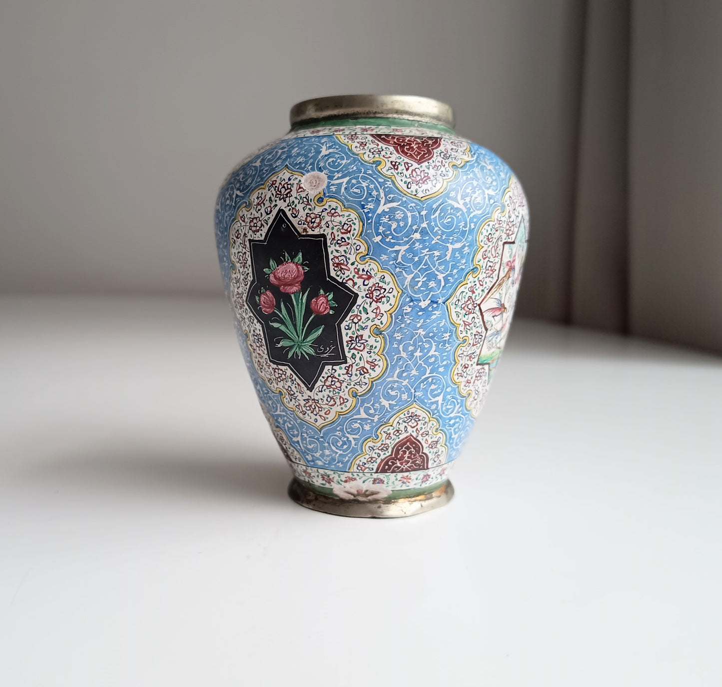Antique Persian Enamel on Copper Vase: Birds Ornament, Isfahan Qajar Period c 1900s