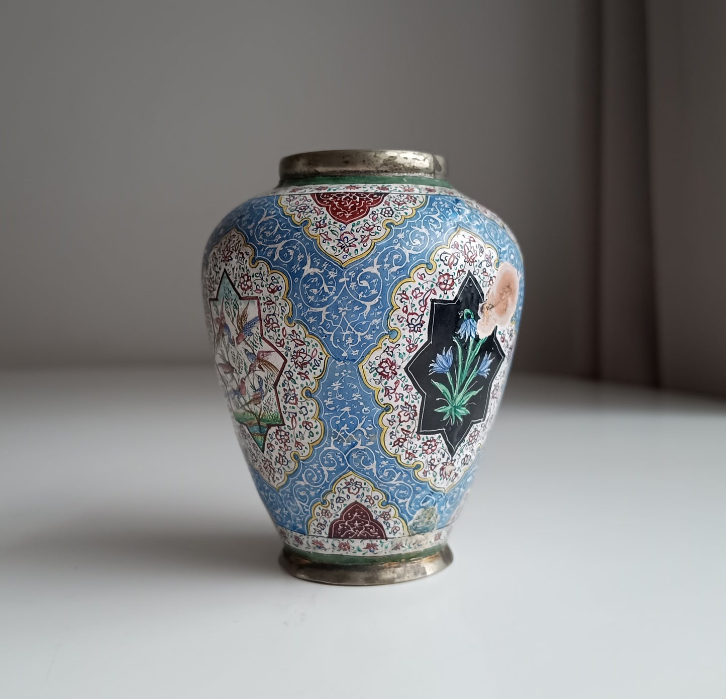 Antique Persian Enamel on Copper Vase: Birds Ornament, Isfahan Qajar Period c 1900s