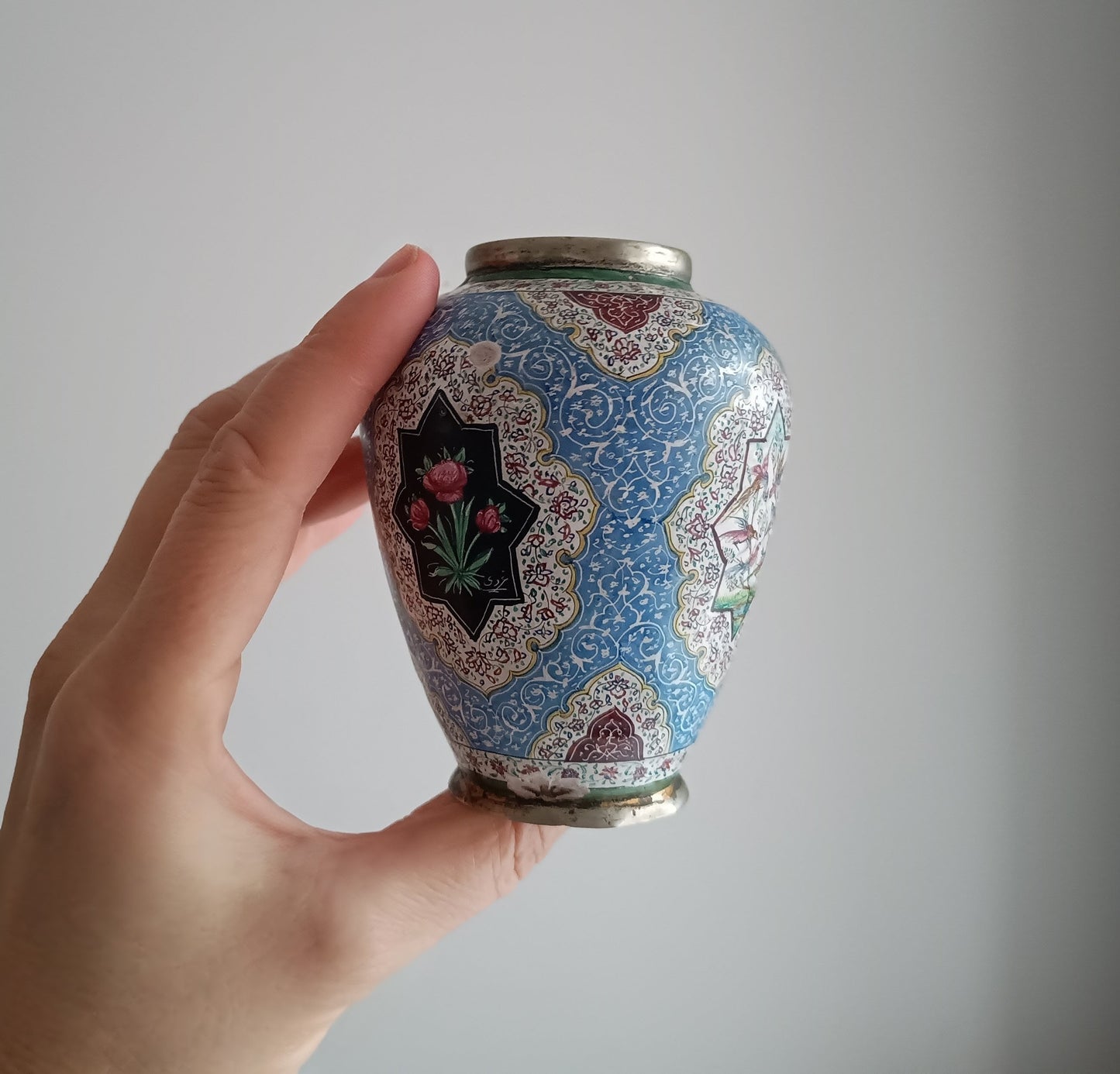 Antique Persian Enamel on Copper Vase: Birds Ornament, Isfahan Qajar Period c 1900s