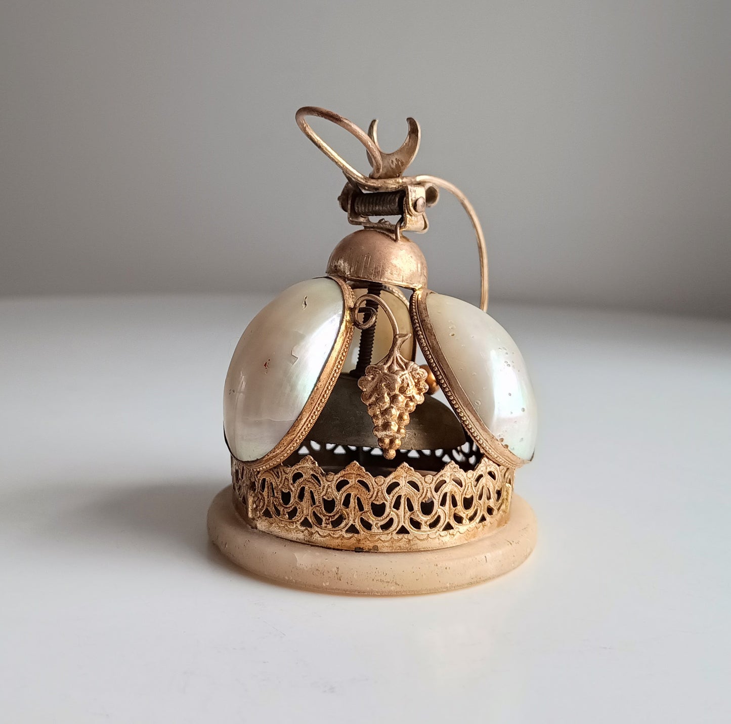 French Palais Royale Ormolu Table Bell: Mother of Pearl Shell, Grapes Decor, 19 century