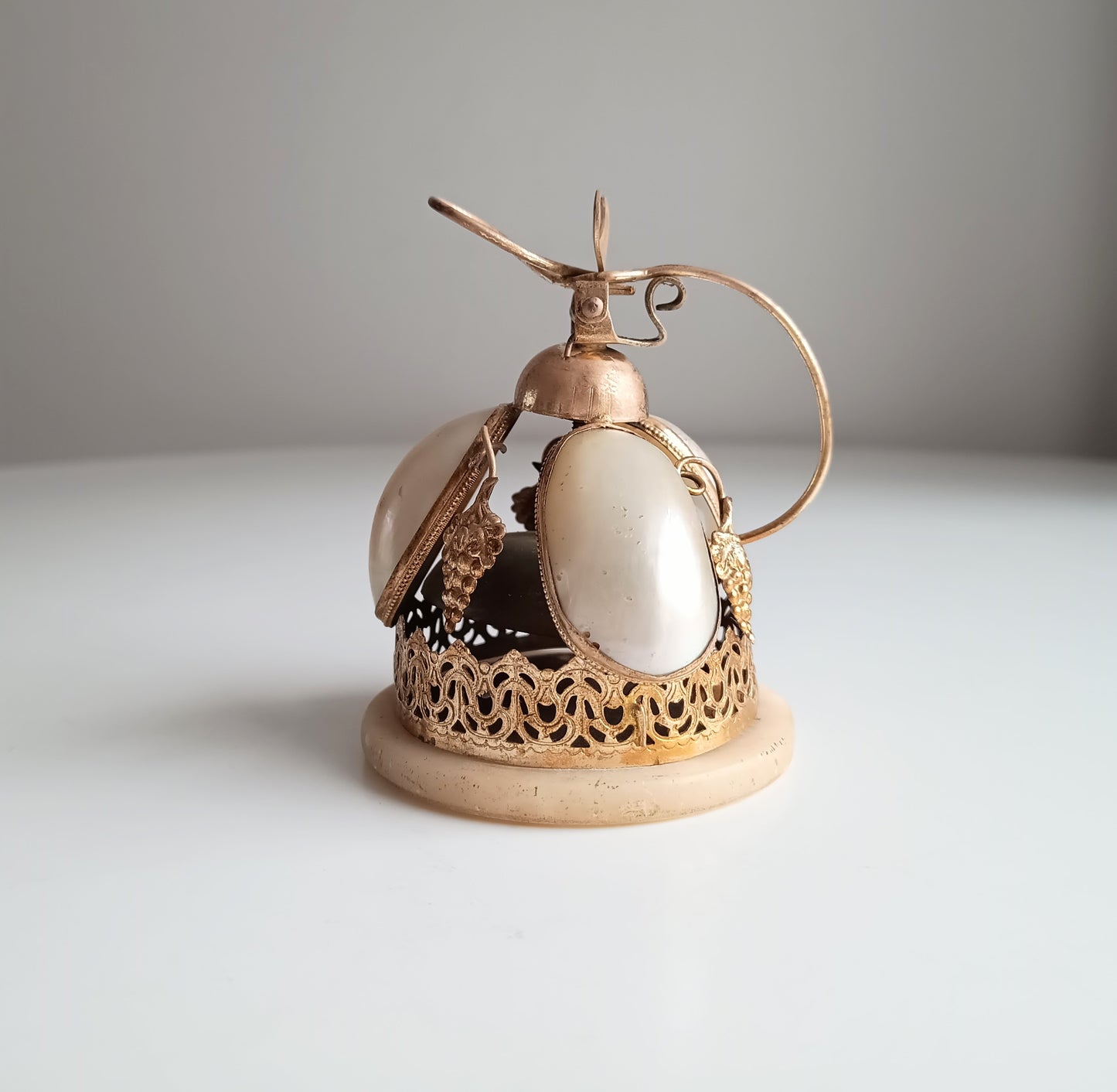 French Palais Royale Ormolu Table Bell: Mother of Pearl Shell, Grapes Decor, 19 century