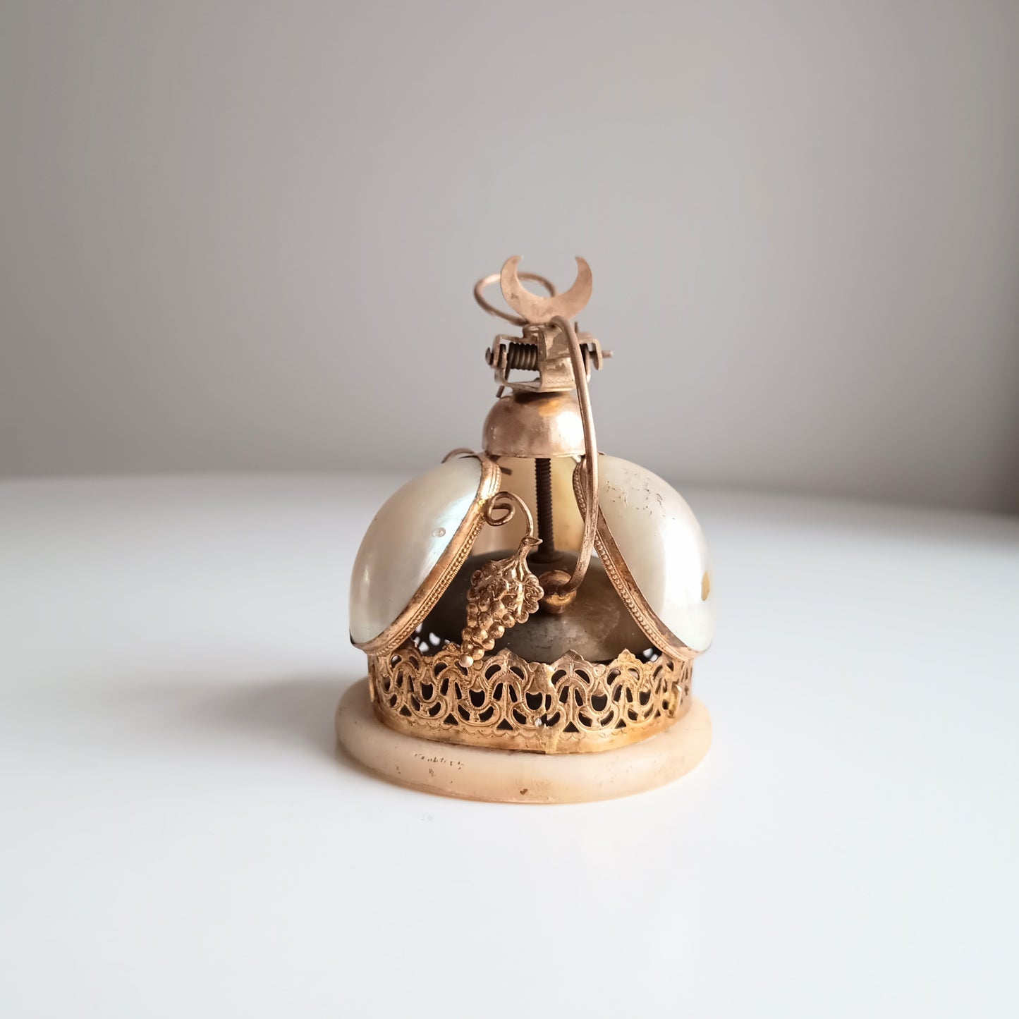 French Palais Royale Ormolu Table Bell: Mother of Pearl Shell, Grapes Decor, 19 century