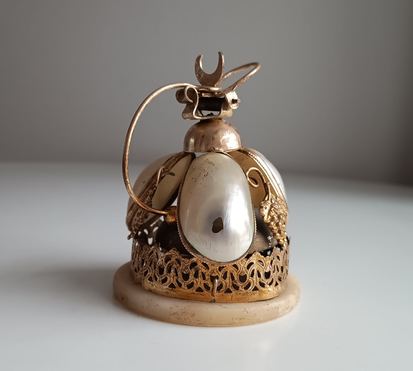 French Palais Royale Ormolu Table Bell: Mother of Pearl Shell, Grapes Decor, 19 century