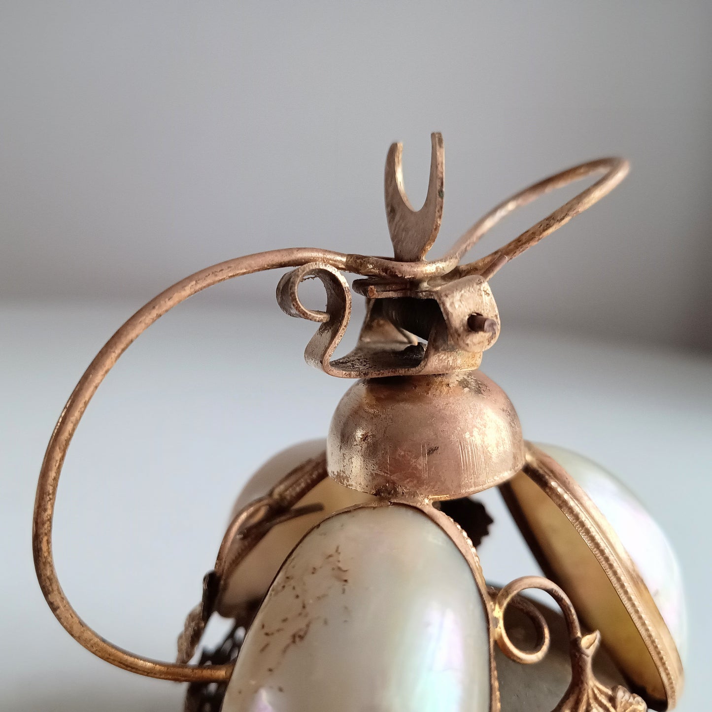 French Palais Royale Ormolu Table Bell: Mother of Pearl Shell, Grapes Decor, 19 century