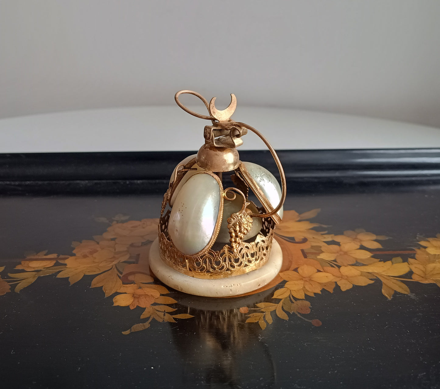 French Palais Royale Ormolu Table Bell: Mother of Pearl Shell, Grapes Decor, 19 century