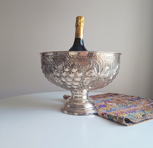 Midcentury Vintage Silver Plate Footed Champagne Ice Bucket, Repoussé Wine Bottles Cooler
